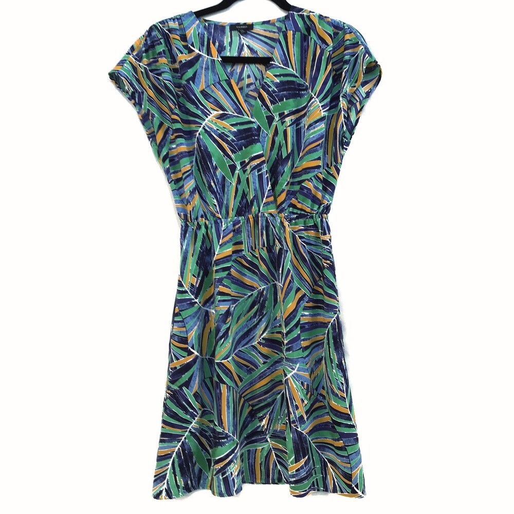 Halogen XS Green Blue Tropical Jungle Cap Sleeve V-neck Faux Wrap Dress Pockets